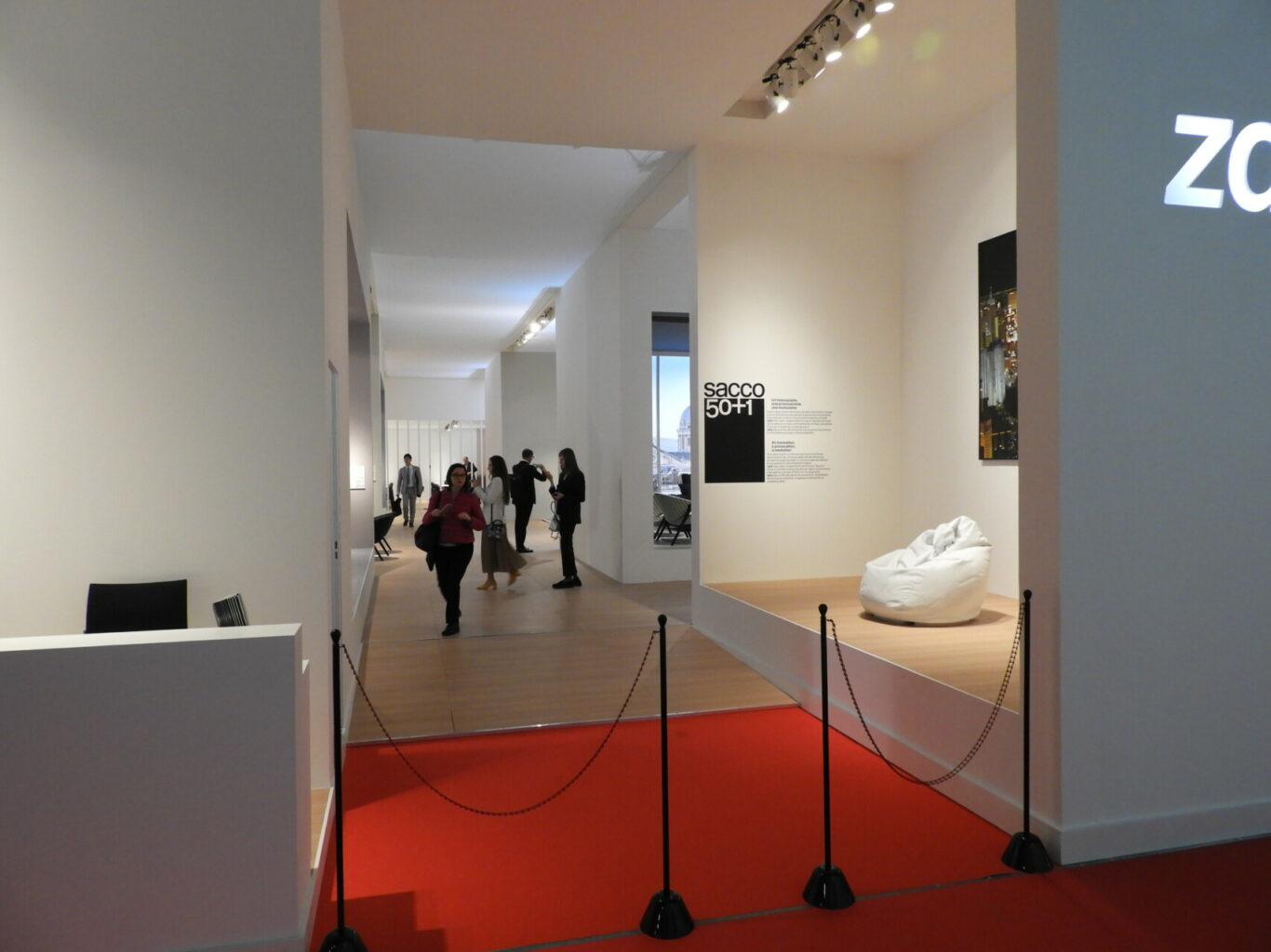 people in a museum with red carpet and black ropes