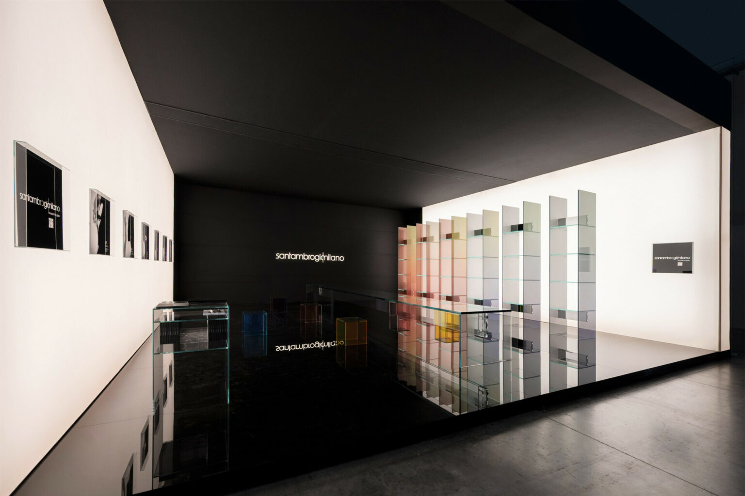 a glass display case with different colored glass panels