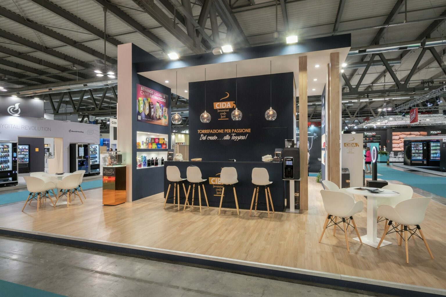 a booth with chairs and a counter