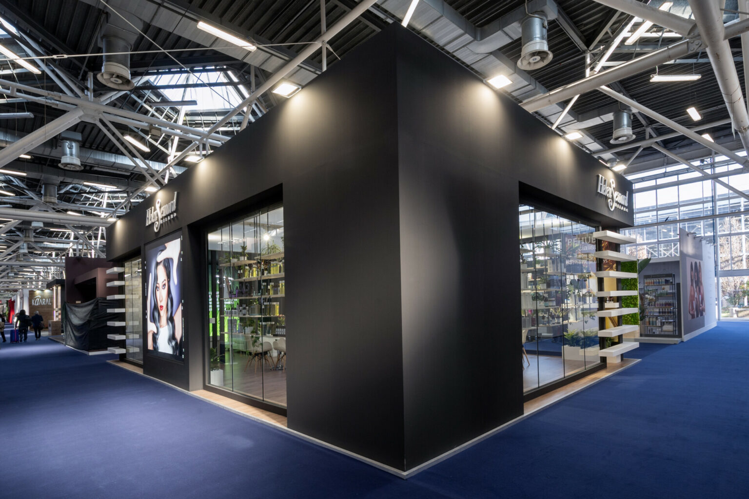 a black building with glass doors